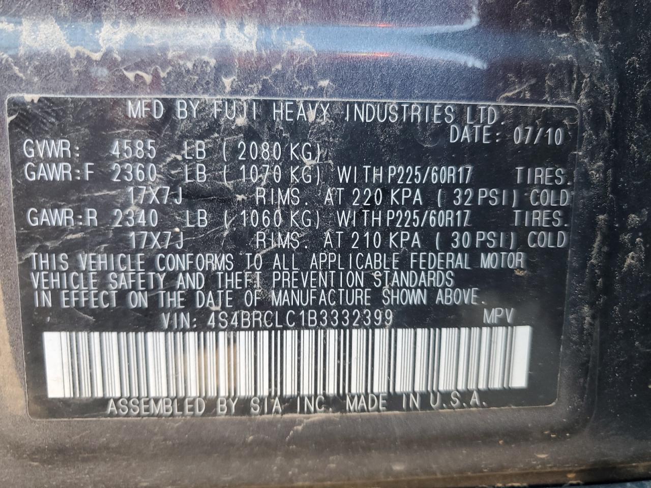 2011 Subaru Outback 2.5I Limited VIN: 4S4BRCLC1B3332399 Lot: 81800355