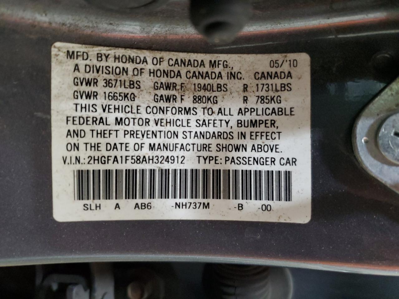 2010 Honda Civic Lx VIN: 2HGFA1F58AH324912 Lot: 84223755