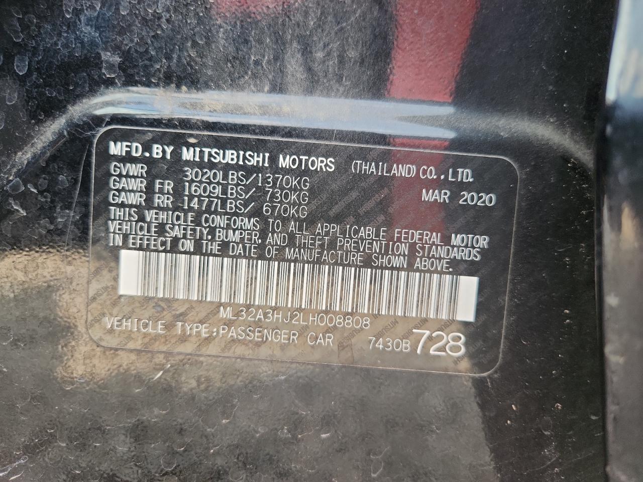 2020 Mitsubishi Mirage Es VIN: ML32A3HJ2LH008808 Lot: 71362885