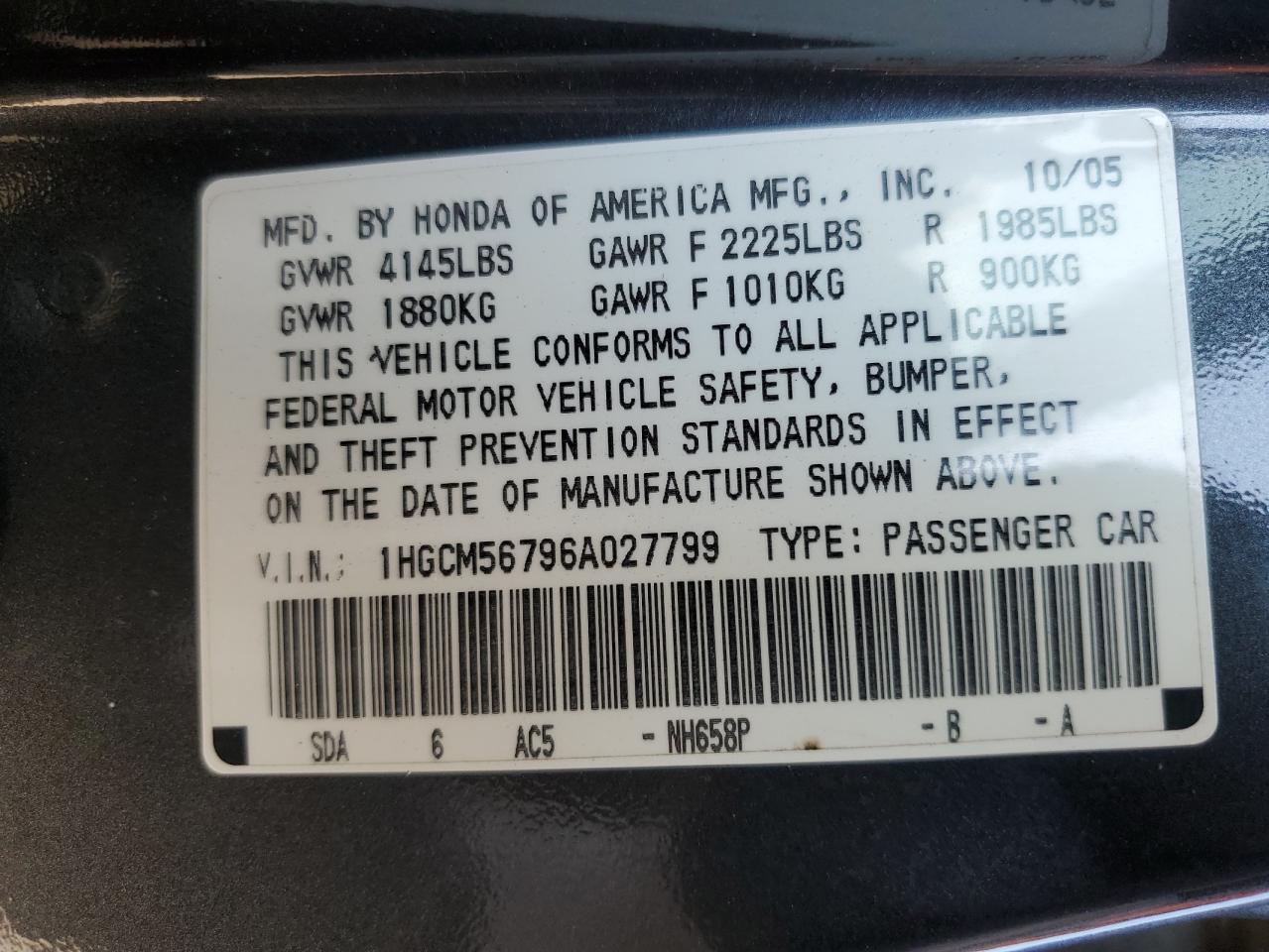 2006 Honda Accord Ex VIN: 1HGCM56796A027799 Lot: 80387695