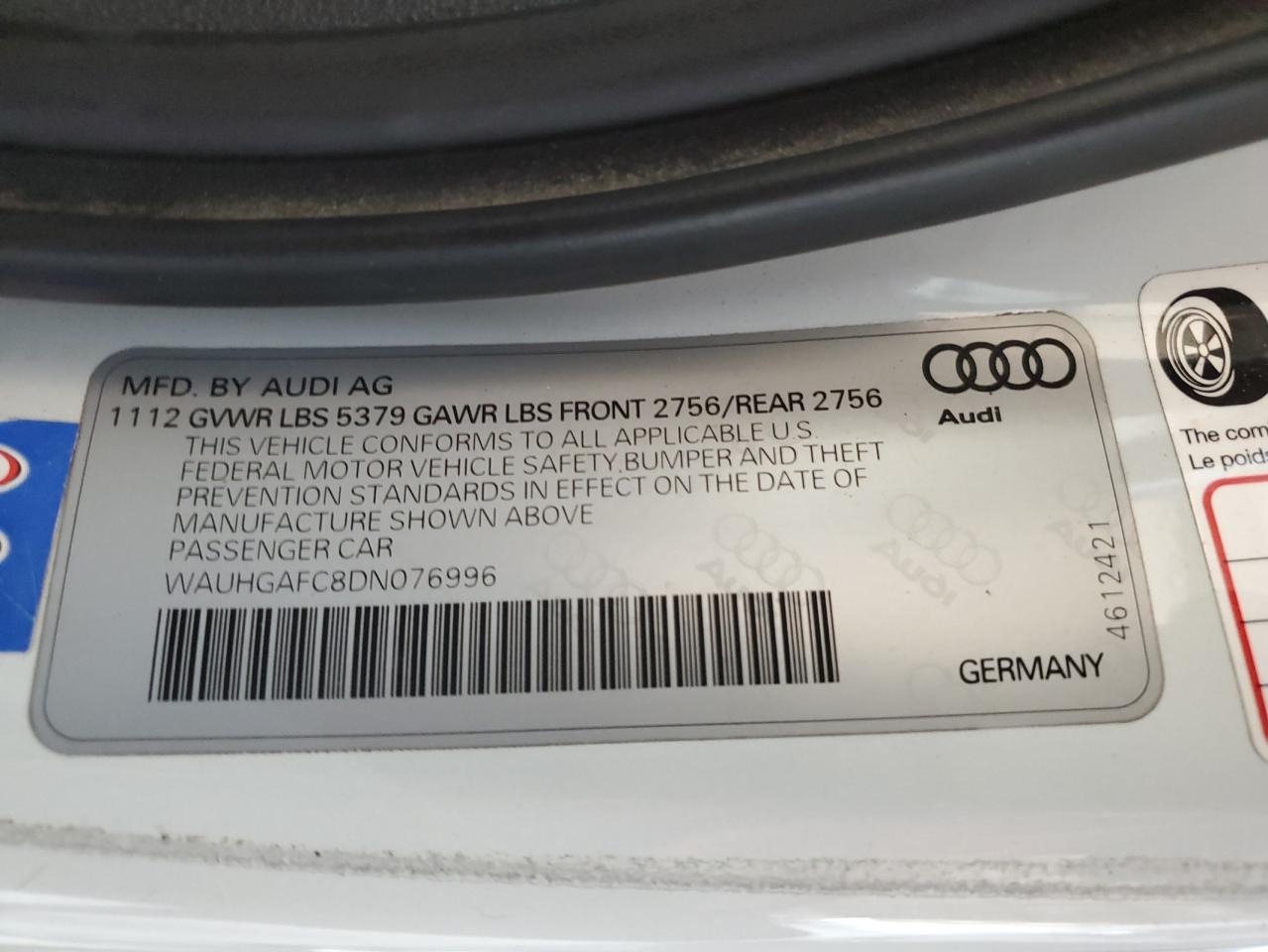 2013 Audi A6 Prestige VIN: WAUHGAFC8DN076996 Lot: 83841895