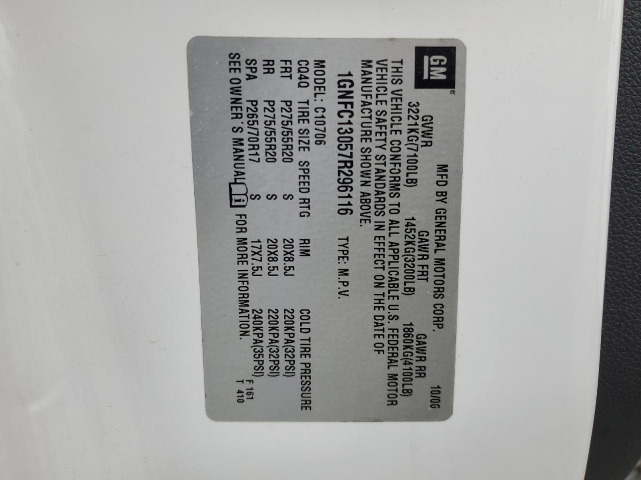 2007 Chevrolet Tahoe C1500 VIN: 1GNFC13057R296116 Lot: 83789915