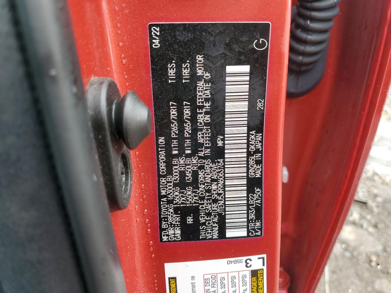 2022 Toyota 4Runner Sr5/Sr5 Premium VIN: JTENU5JR9N6063764 Lot: 83801965
