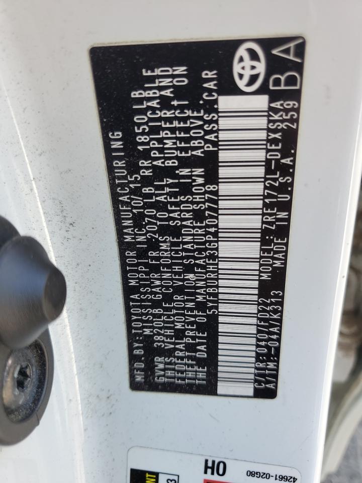 2016 Toyota Corolla L VIN: 5YFBURHE3GP407778 Lot: 84593605