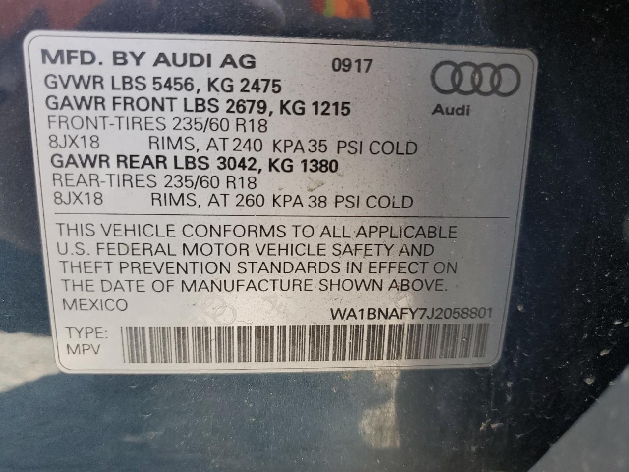 2018 Audi Q5 Premium Plus VIN: WA1BNAFY7J2058801 Lot: 70626505