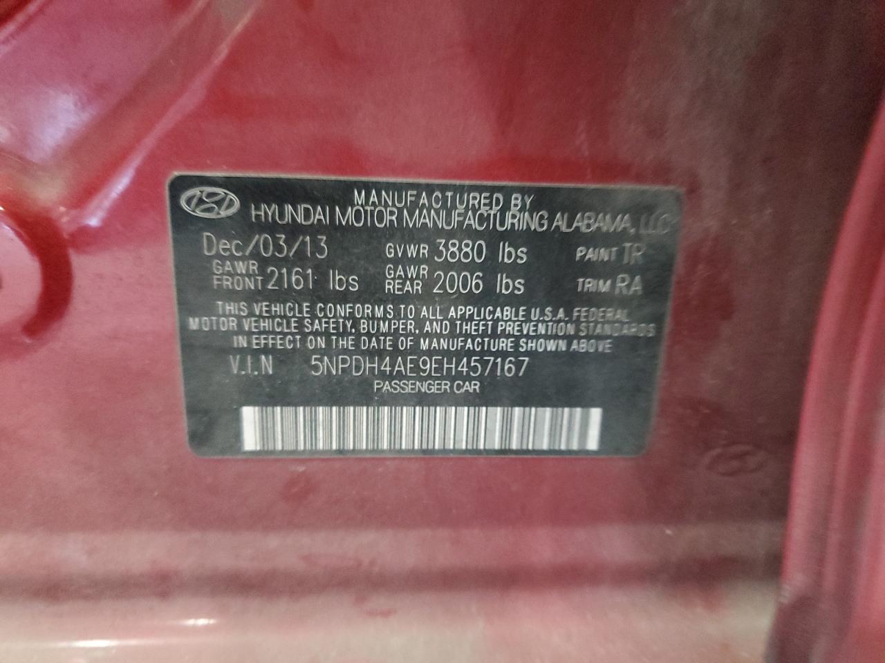 2014 Hyundai Elantra Se VIN: 5NPDH4AE9EH457167 Lot: 84020175