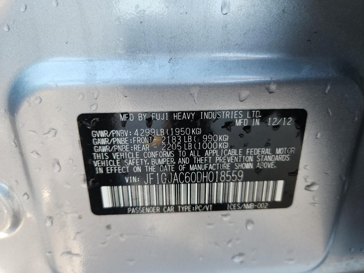 2013 Subaru Impreza Premium VIN: JF1GJAC60DH018559 Lot: 70894195