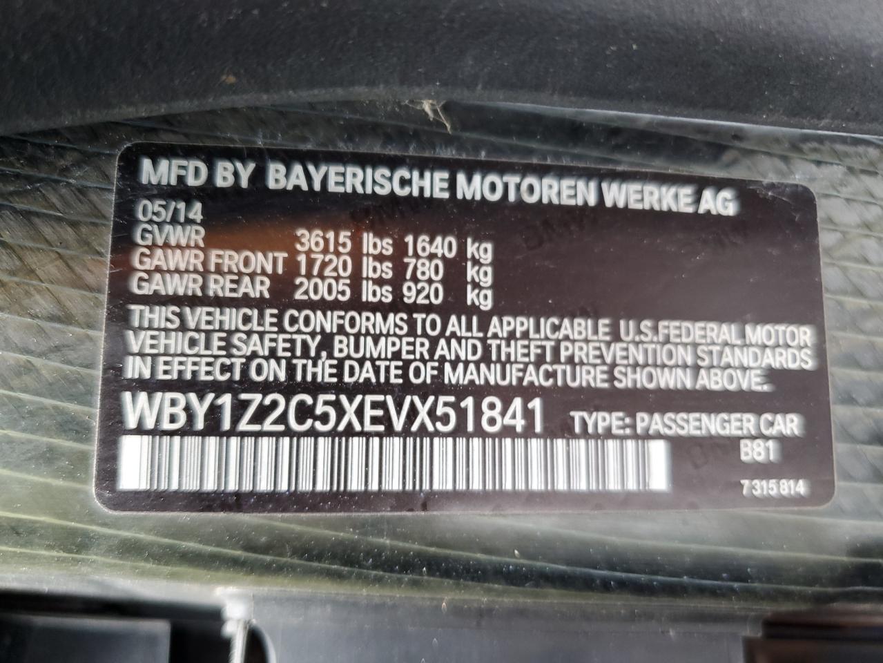 2014 BMW I3 Bev VIN: WBY1Z2C5XEVX51841 Lot: 81673885
