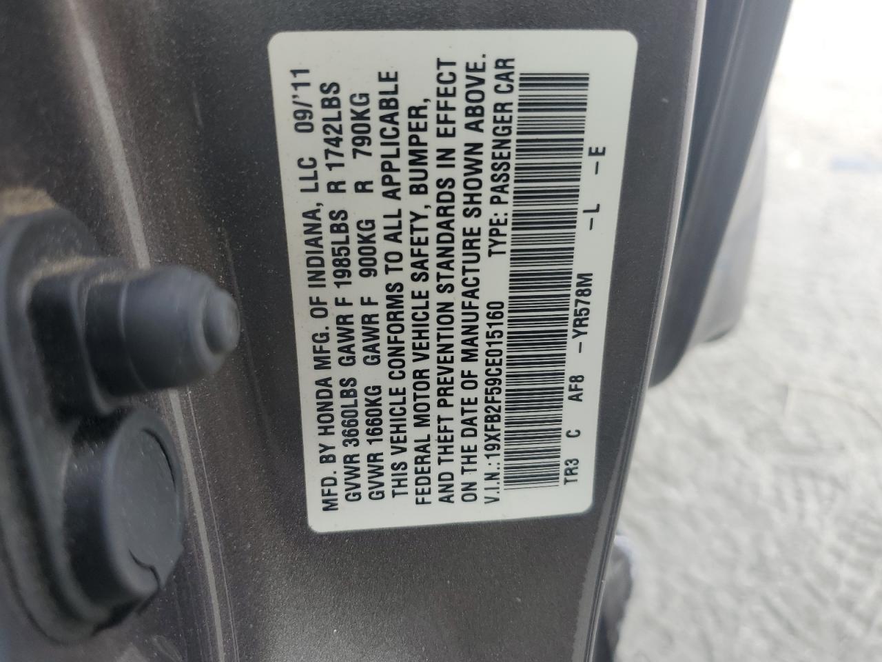 2012 Honda Civic Lx VIN: 19XFB2F59CE015160 Lot: 84035475