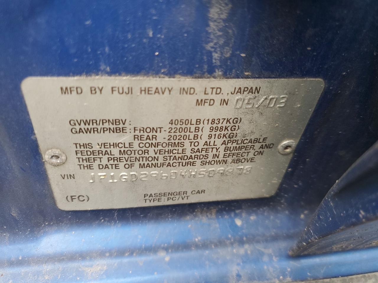 2004 Subaru Impreza VIN: 1F1GD29604H509878 Lot: 84638675