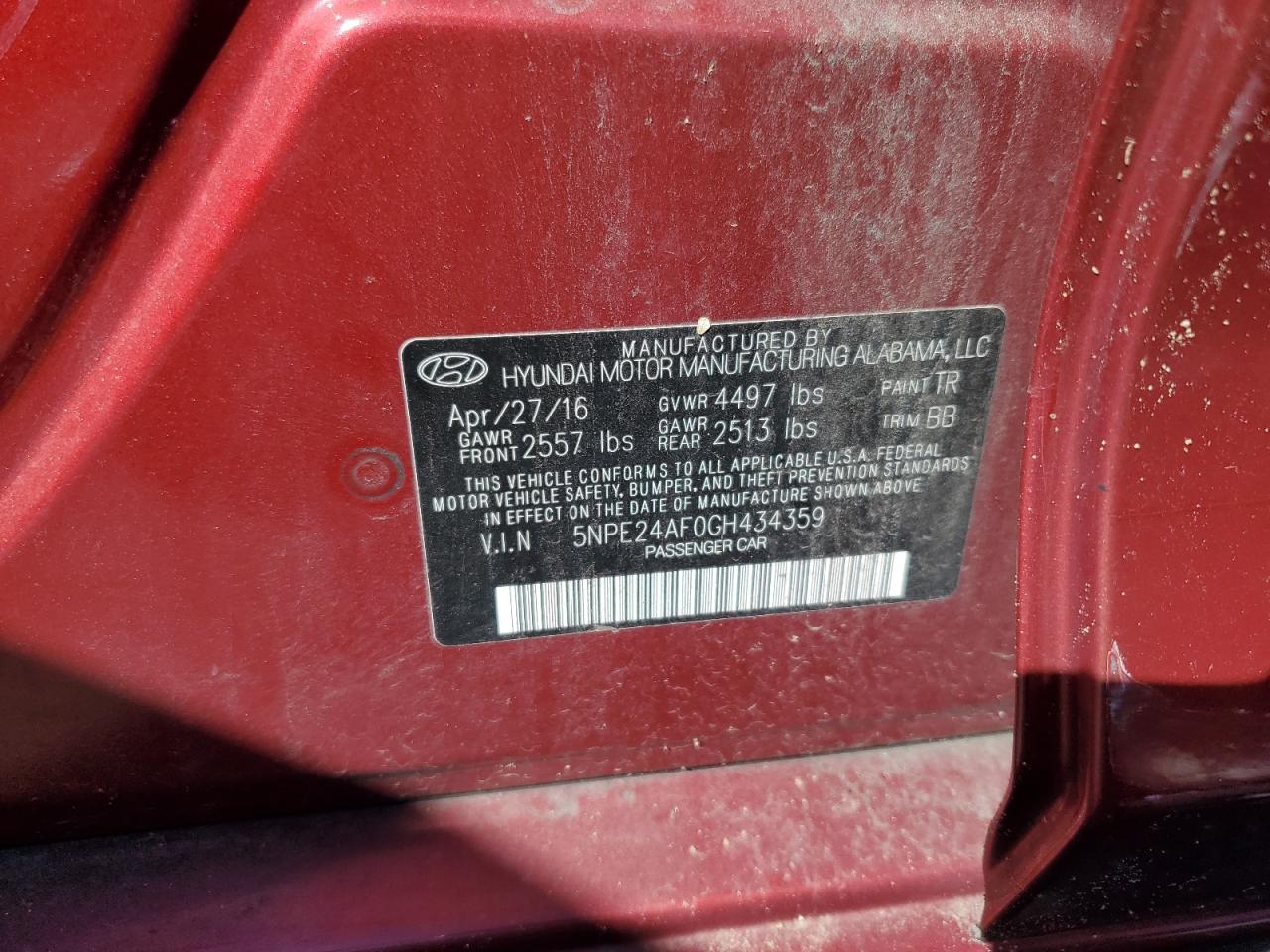 2016 Hyundai Sonata Se VIN: 5NPE24AF0GH434359 Lot: 80526435