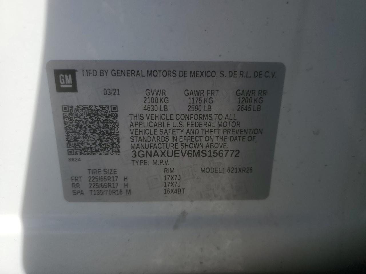 2021 Chevrolet Equinox Lt VIN: 3GNAXUEV6MS156772 Lot: 80793015