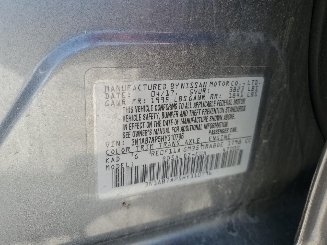 2017 Nissan Sentra S VIN: 3N1AB7AP5HY310796 Lot: 81461985