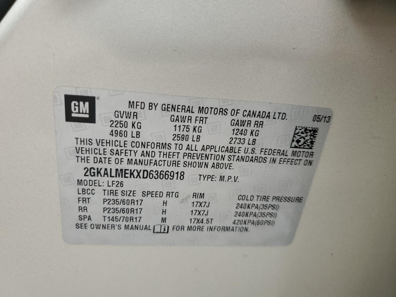 2013 GMC Terrain Sle VIN: 2GKALMEKXD6366918 Lot: 80882435