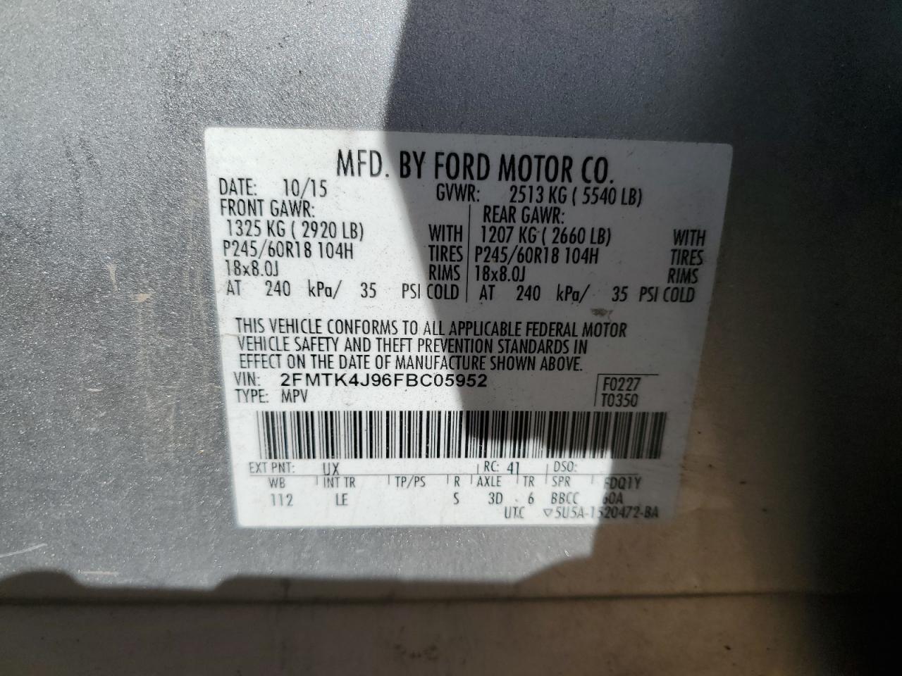 2015 Ford Edge Sel VIN: 2FMTK4J96FBC05952 Lot: 81527005