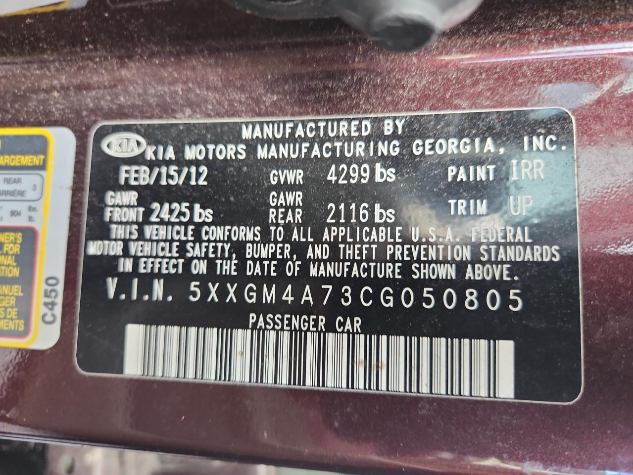 2012 Kia Optima Lx VIN: 5XXGM4A73CG050805 Lot: 84027845