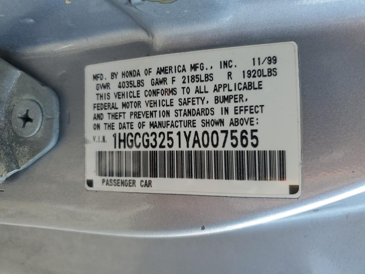 2000 Honda Accord Ex VIN: 1HGCG3251YA007565 Lot: 81403475