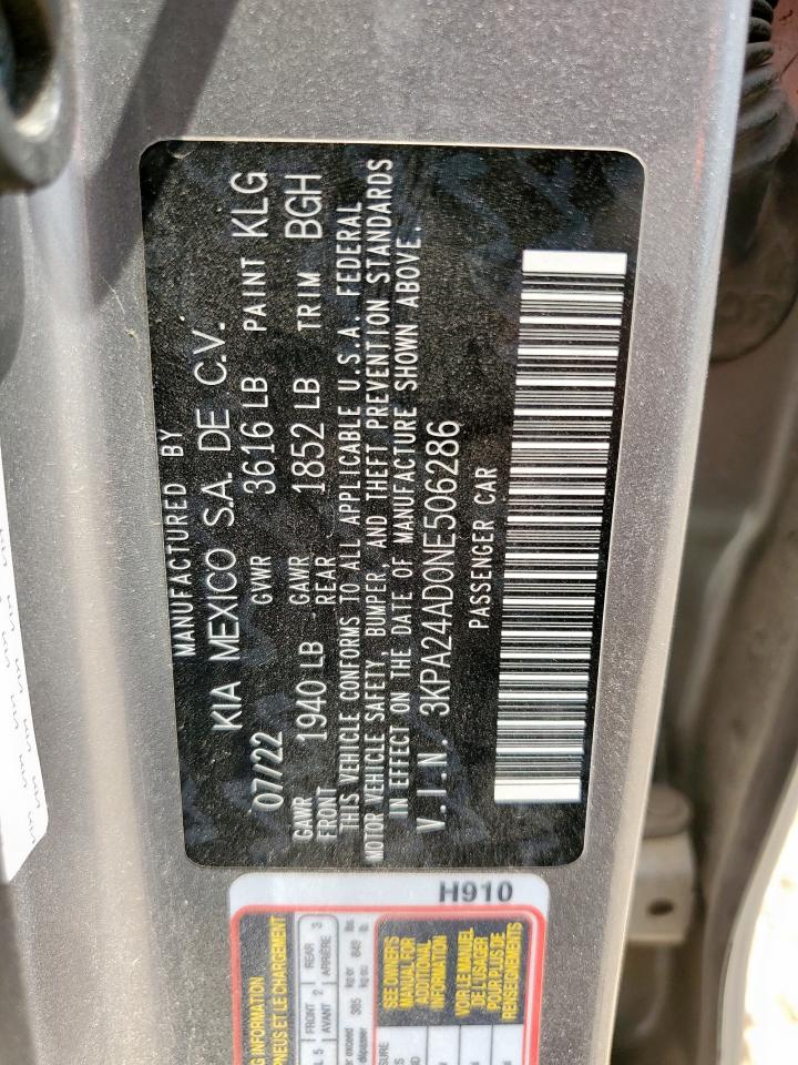 2022 Kia Rio Lx VIN: 3KPA24AD0NE506286 Lot: 81011285