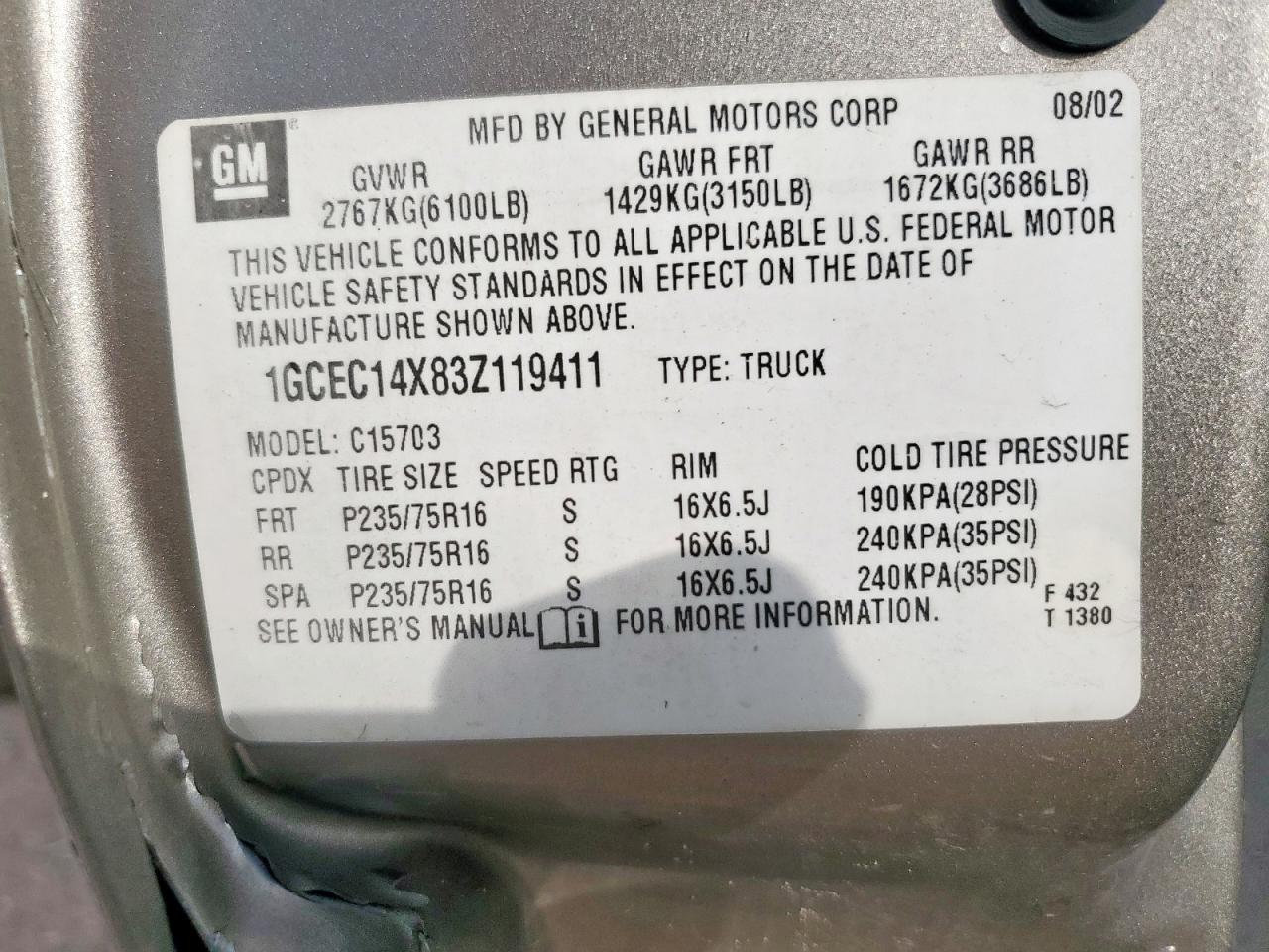 2003 Chevrolet Silverado C1500 VIN: 1GCEC14X83Z119411 Lot: 81822015