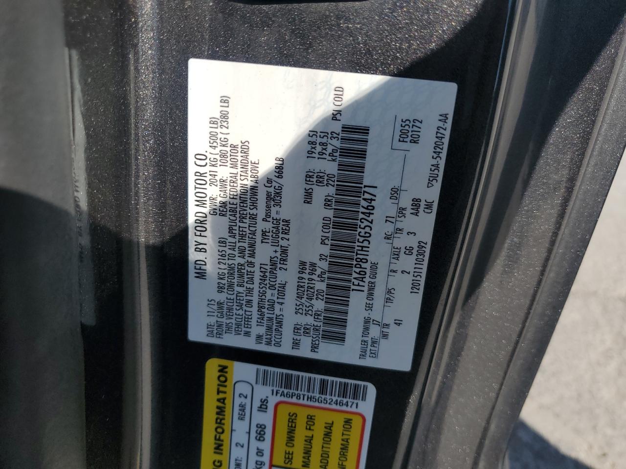 2016 Ford Mustang VIN: 1FA6P8TH5G5246471 Lot: 84636235