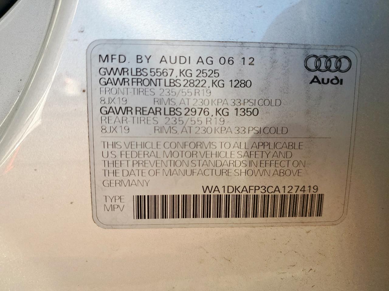 2012 Audi Q5 Premium Plus VIN: WA1DKAFP3CA127419 Lot: 71906055