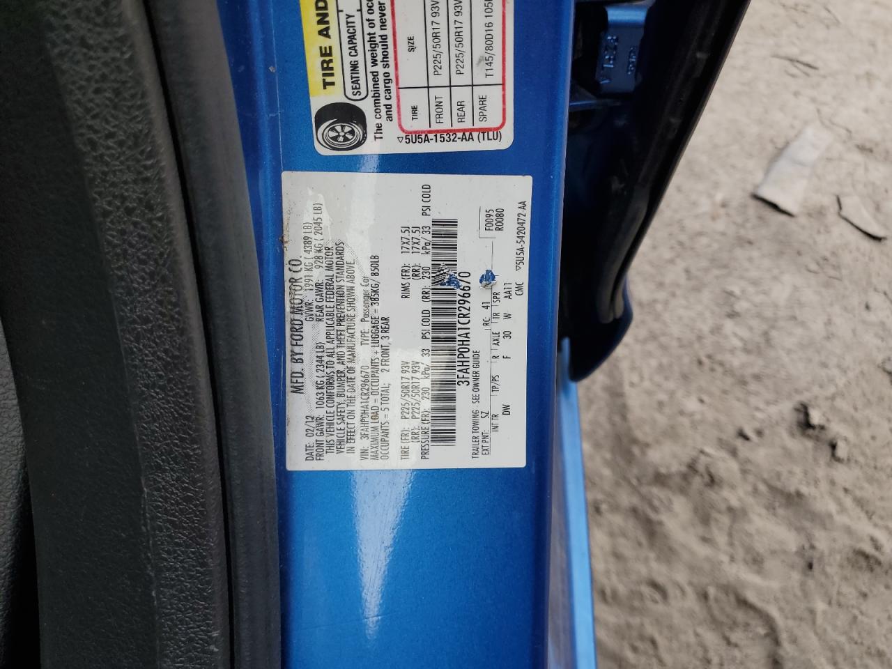 2012 Ford Fusion Se VIN: 3FAHP0HA1CR296670 Lot: 80891185