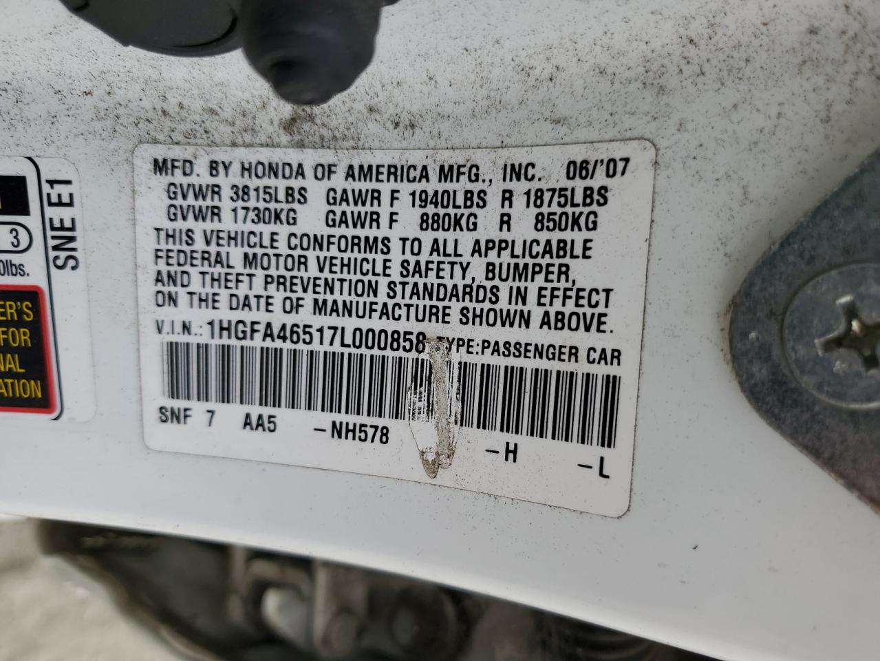 2007 Honda Civic Gx VIN: 1HGFA46517L000858 Lot: 80203585