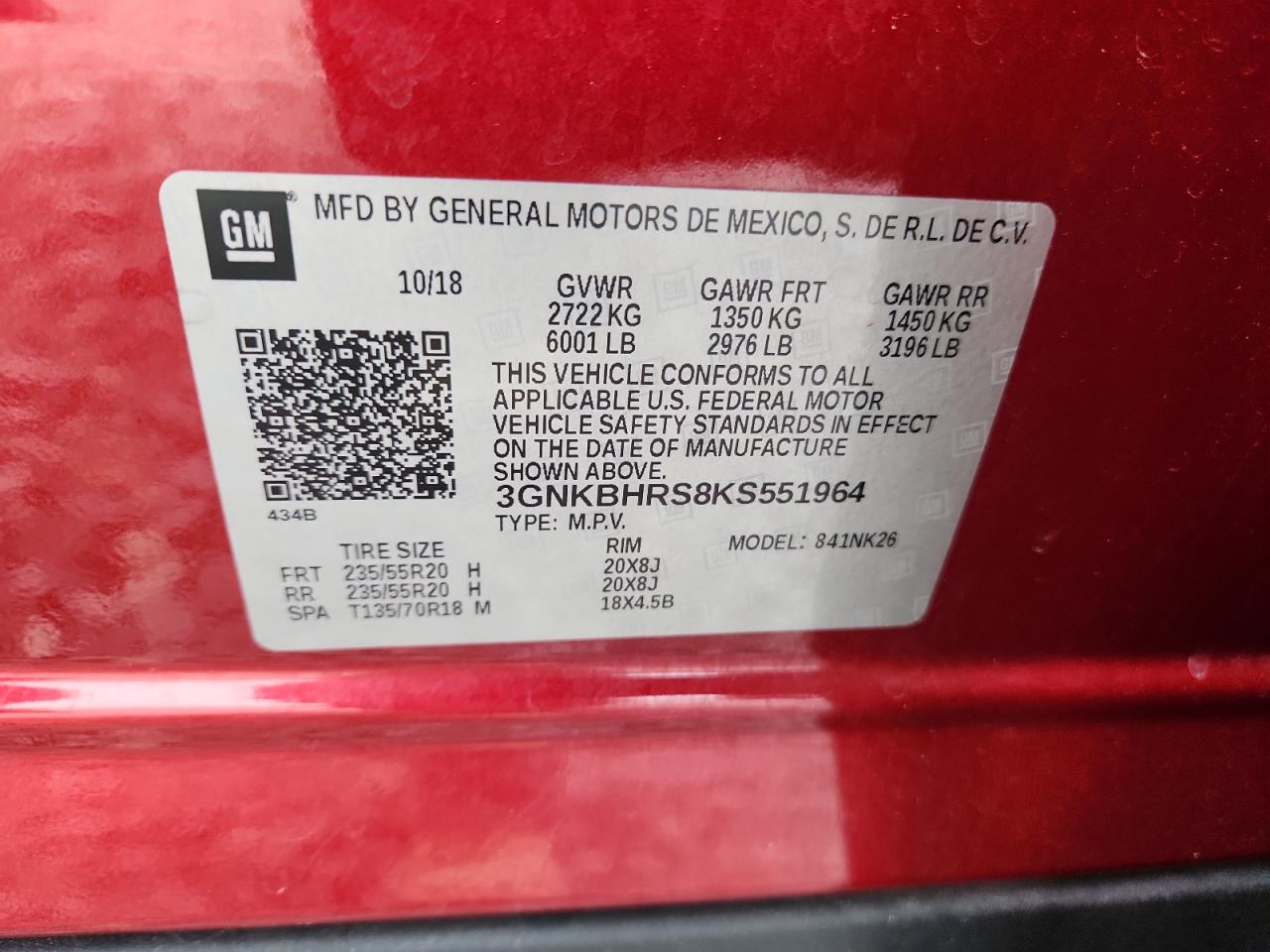 2019 Chevrolet Blazer 3Lt VIN: 3GNKBHRS8KS551964 Lot: 80257765