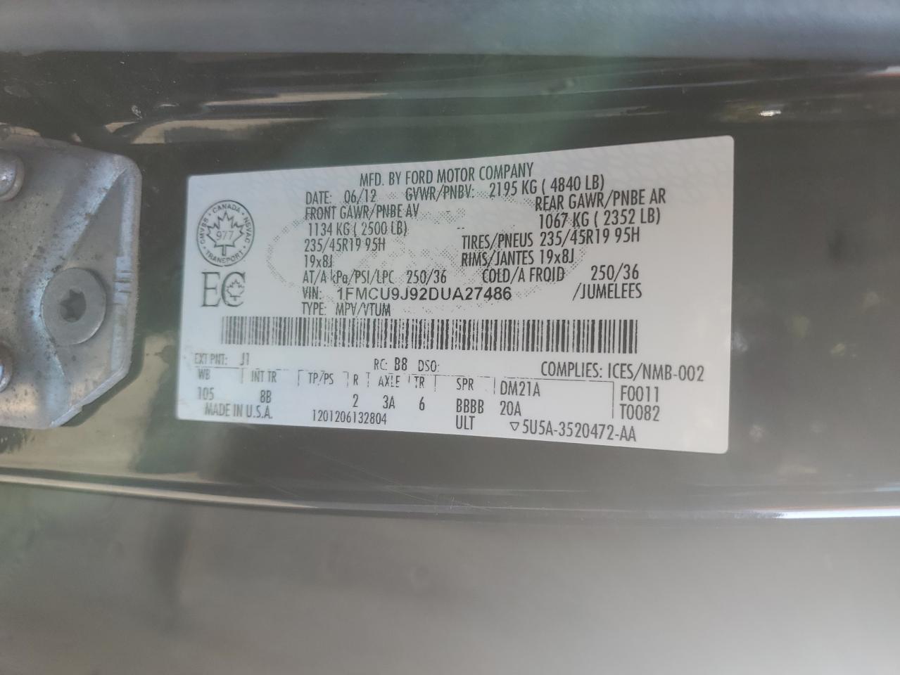 2013 Ford Escape Titanium VIN: 1FMCU9J92DUA27486 Lot: 81184575