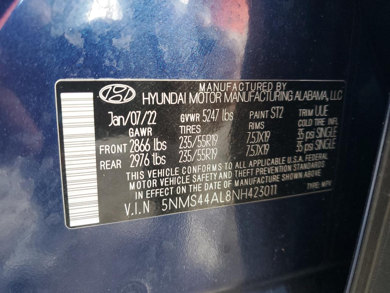 2022 Hyundai Santa Fe Limited VIN: 5NMS44AL8NH423011 Lot: 81460905