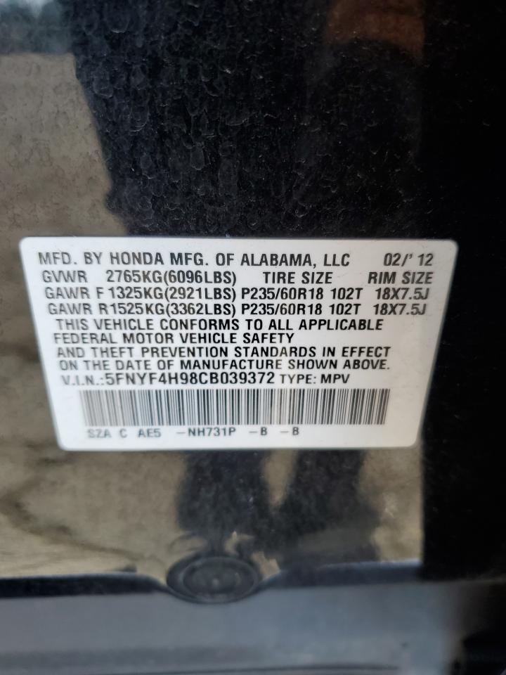 2012 Honda Pilot Touring VIN: 5FNYF4H98CB039372 Lot: 81838075