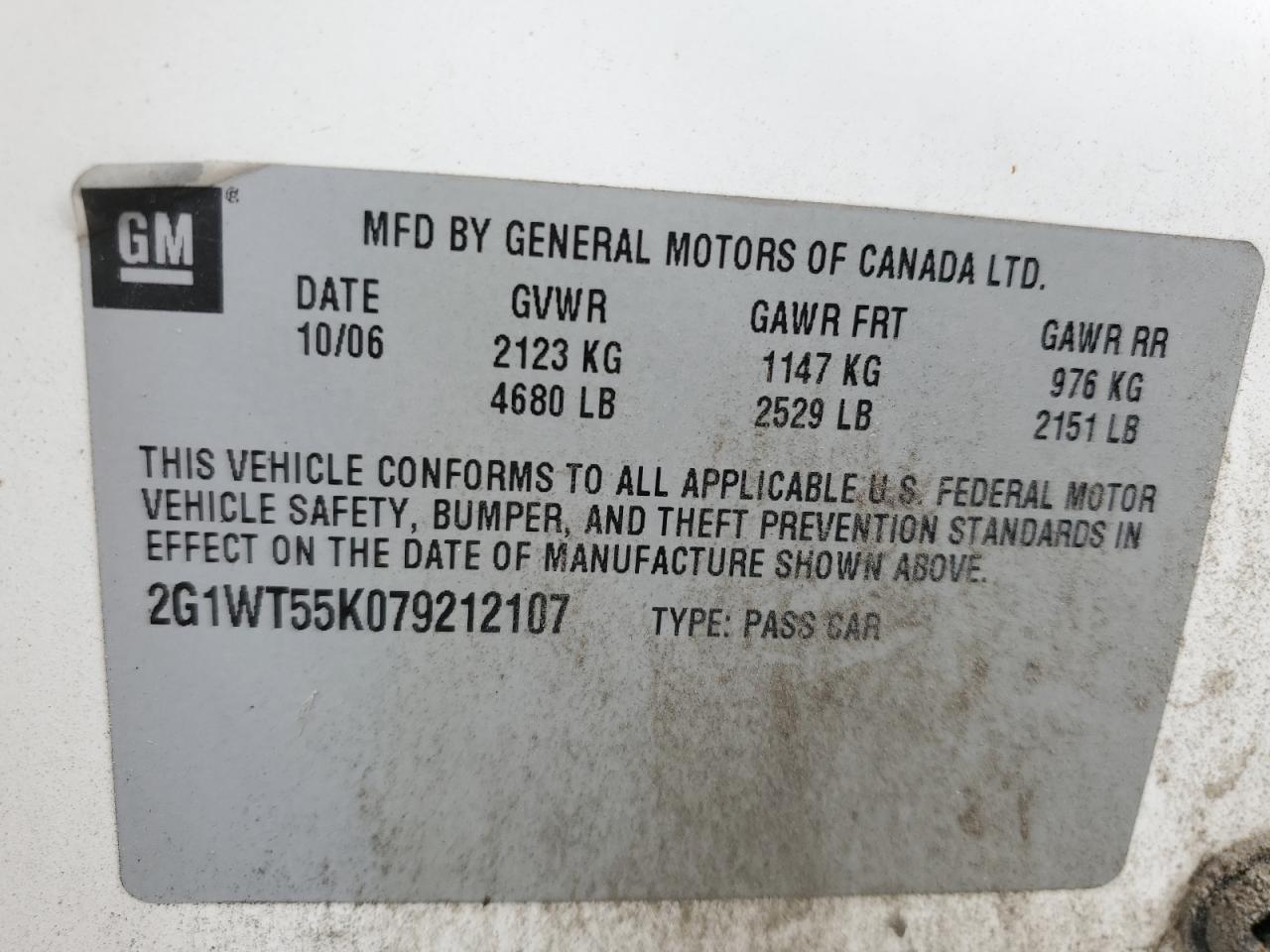 2007 Chevrolet Impala Lt VIN: 2G1WT55K079212107 Lot: 71196435