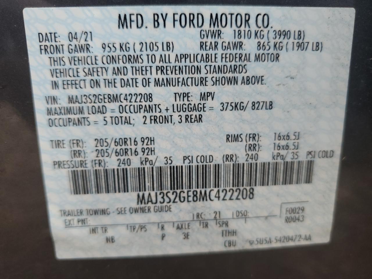 2021 Ford Ecosport Se VIN: MAJ3S2GE8MC422208 Lot: 83959405