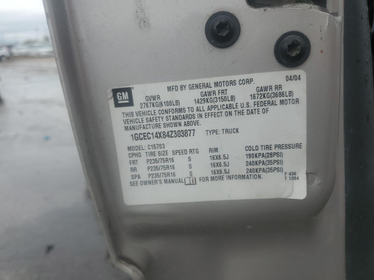 2004 Chevrolet Silverado C1500 VIN: 1GCEC14X84Z303877 Lot: 81728435