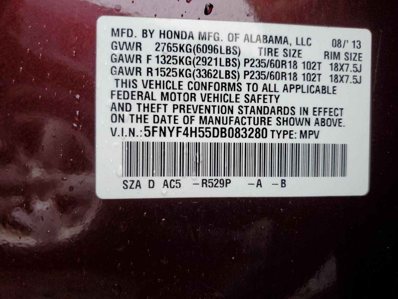 2013 Honda Pilot Exl VIN: 5FNYF4H55DB083280 Lot: 80919415