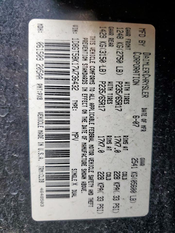 2007 Dodge Nitro Slt VIN: 1D8GT58K17W736432 Lot: 84244375