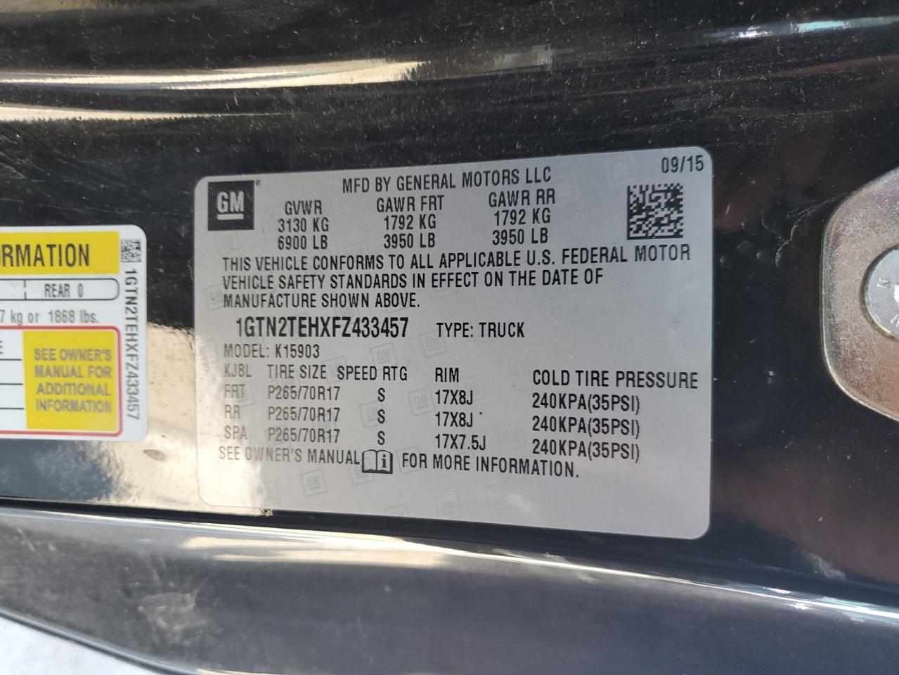 2015 GMC Sierra K1500 VIN: 1GTN2TEHXFZ433457 Lot: 80710855