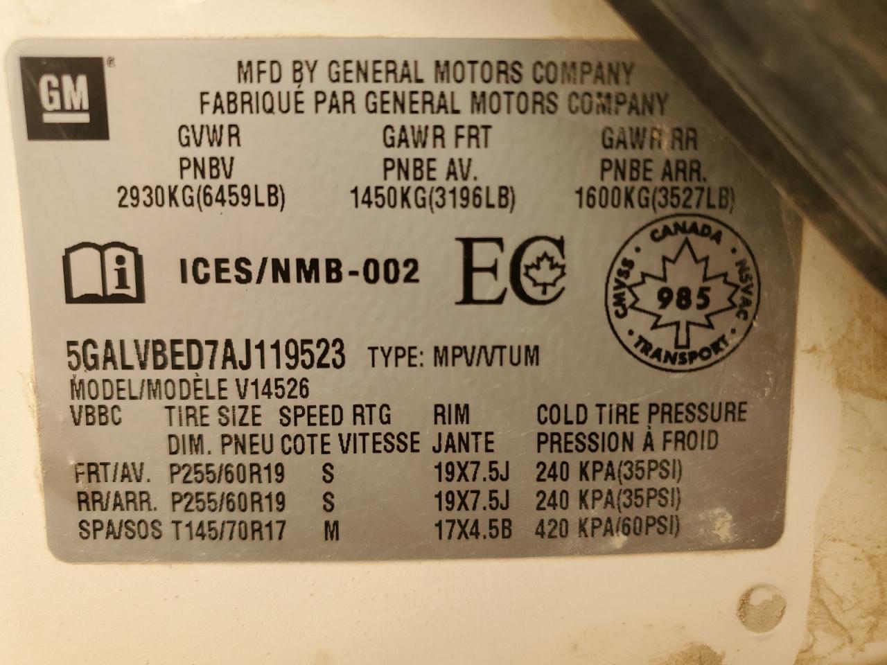 2010 Buick Enclave Cxl VIN: 5GALVBED7AJ119523 Lot: 71705105