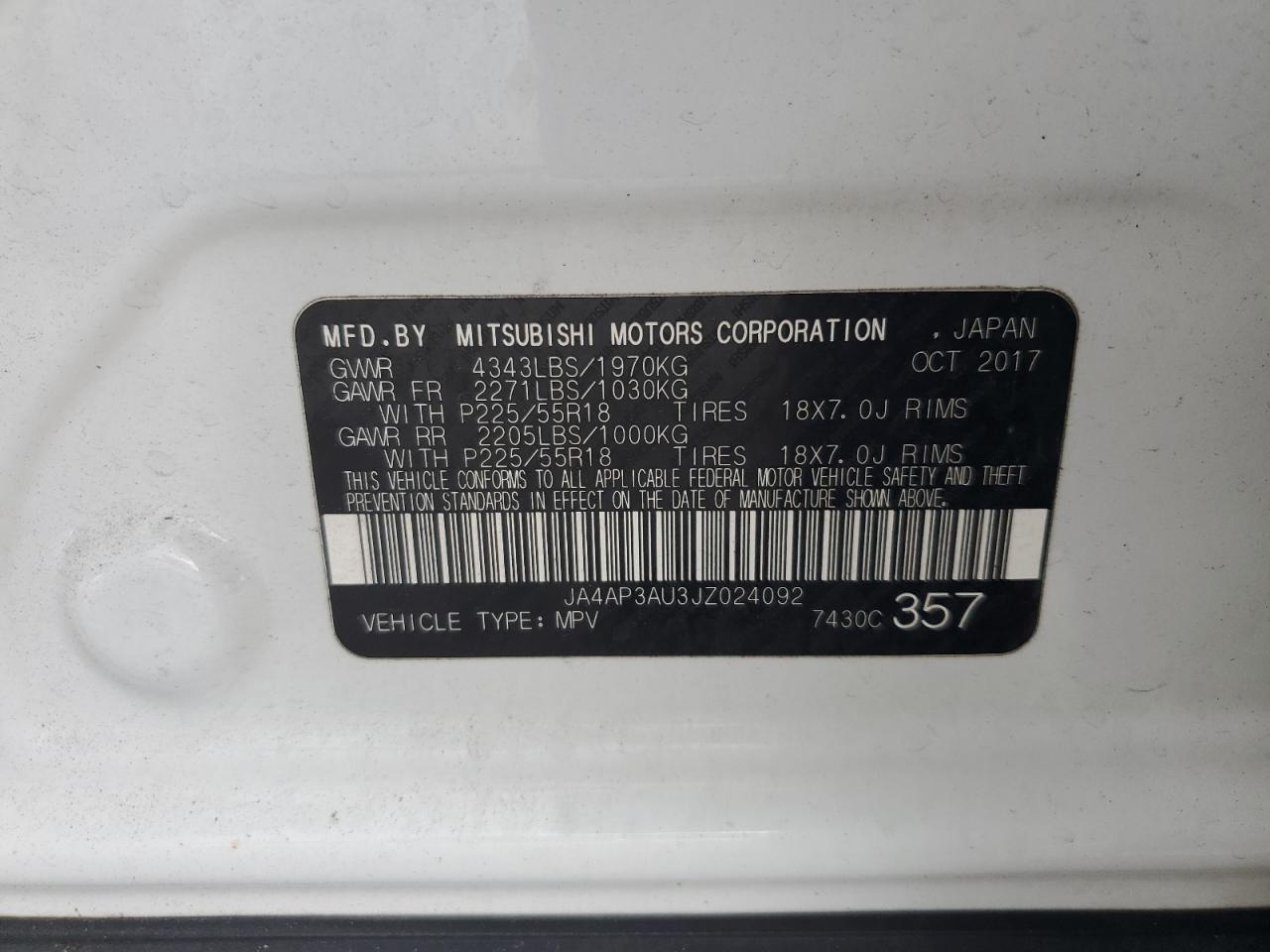2018 Mitsubishi Outlander Sport Es VIN: JA4AP3AU3JZ024092 Lot: 80340565