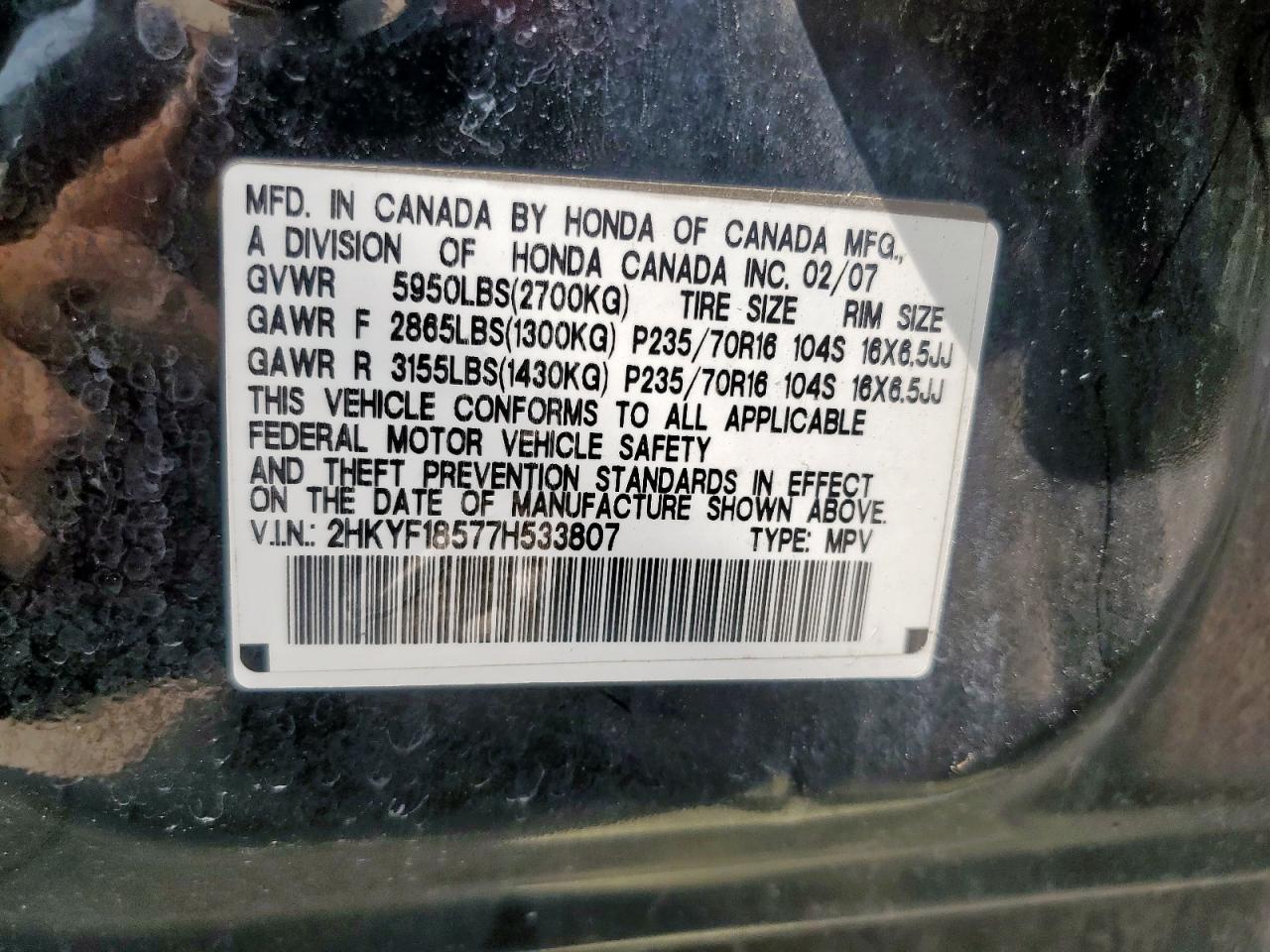 2007 Honda Pilot Exl VIN: 2HKYF18577H533807 Lot: 80993235