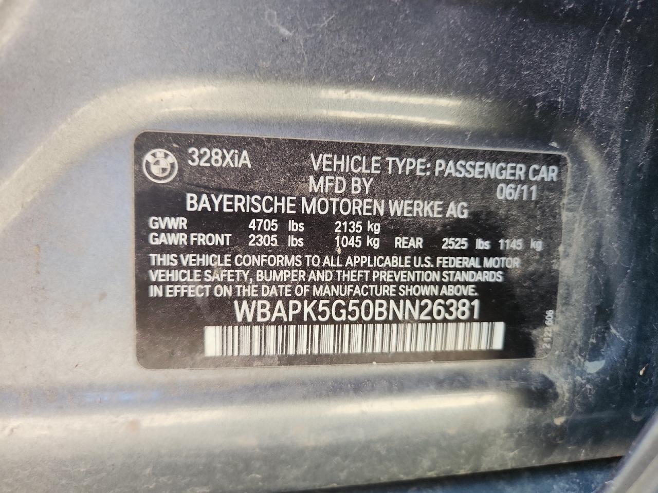 2011 BMW 328 Xi Sulev VIN: WBAPK5G50BNN26381 Lot: 80586245