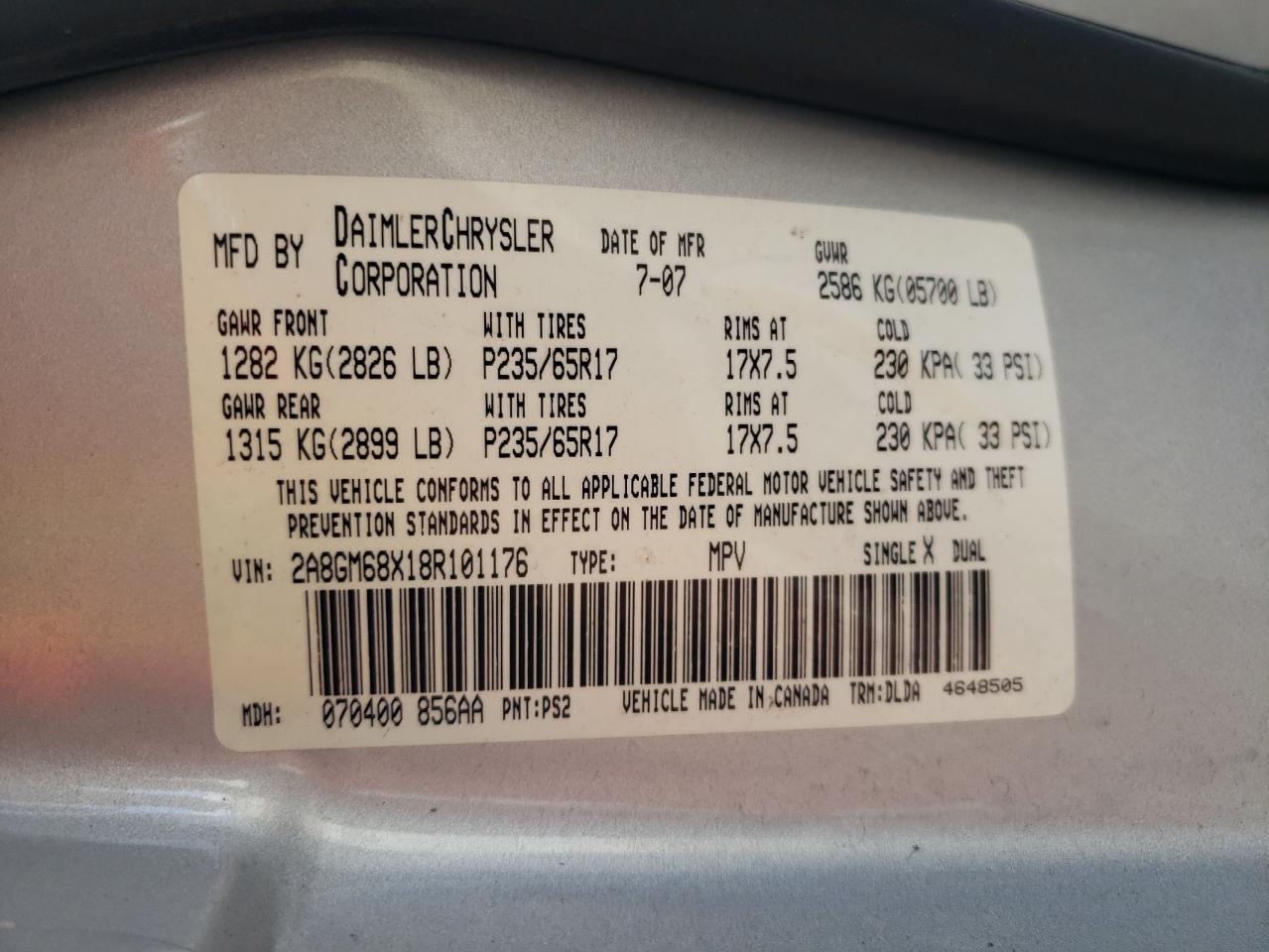 2008 Chrysler Pacifica Touring VIN: 2A8GM68X18R101176 Lot: 84201895