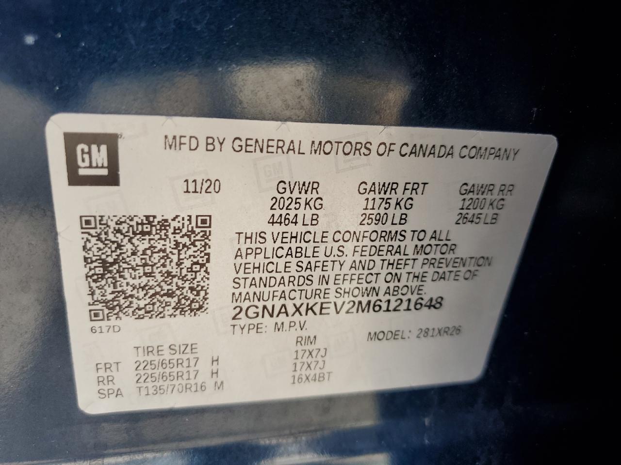 2021 Chevrolet Equinox Lt VIN: 2GNAXKEV2M6121648 Lot: 83878765