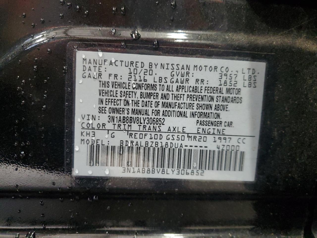 2020 Nissan Sentra S VIN: 3N1AB8BV8LY306852 Lot: 80628435