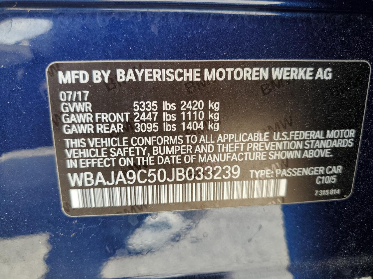 2018 BMW 530E VIN: WBAJA9C50JB033239 Lot: 80362805