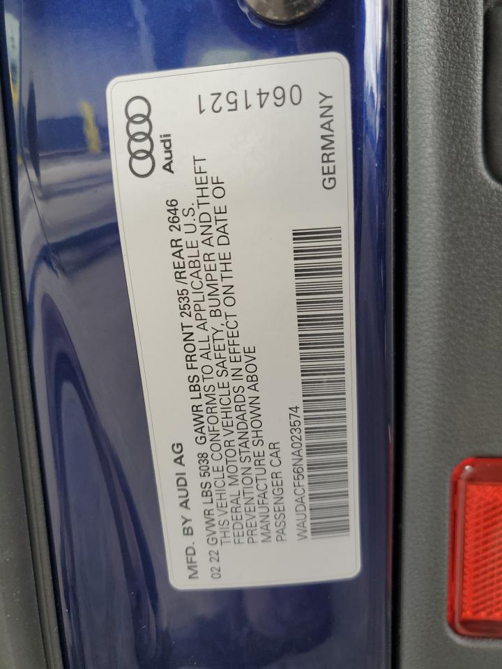 2022 Audi A5 Premium 45 VIN: WAUDACF56NA023574 Lot: 81253045