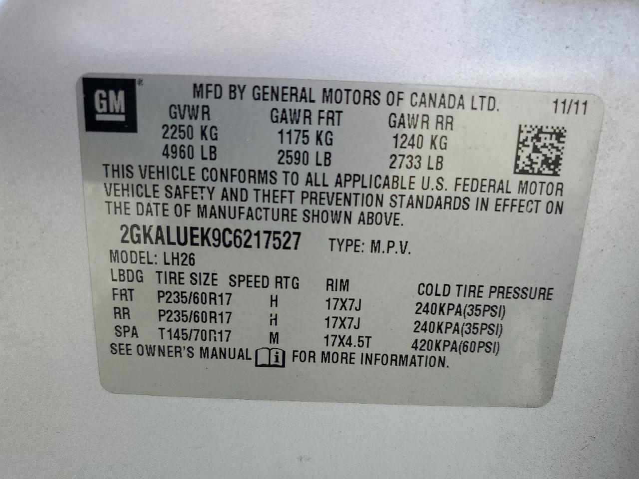 2012 GMC Terrain VIN: 2GKALUEK9C6217527 Lot: 81814445