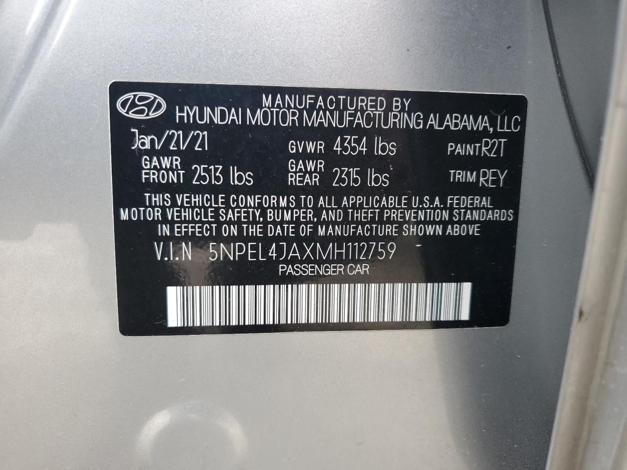 2021 Hyundai Sonata Sel VIN: 5NPEL4JAXMH112759 Lot: 84467085