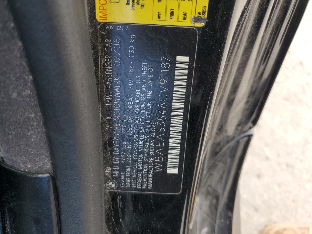 2008 BMW 650 I VIN: WBAEA53548CV91187 Lot: 81858035