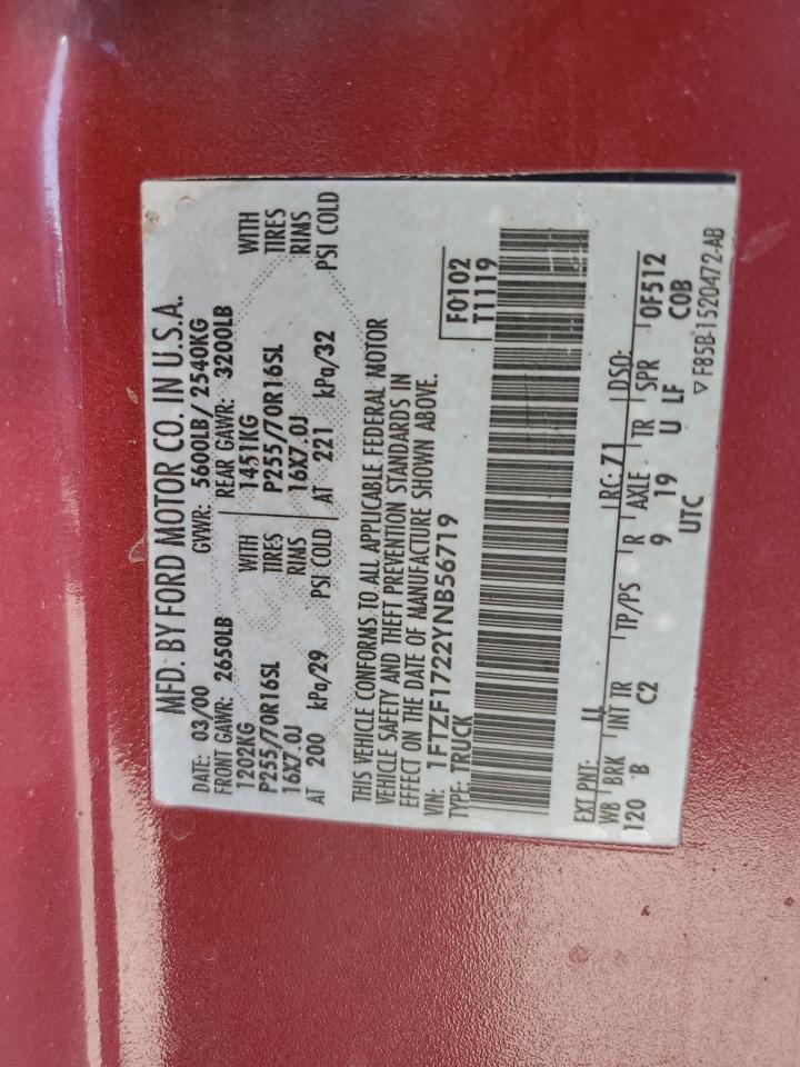 2000 Ford F150 VIN: 1FTZF1722YNB56719 Lot: 71700195